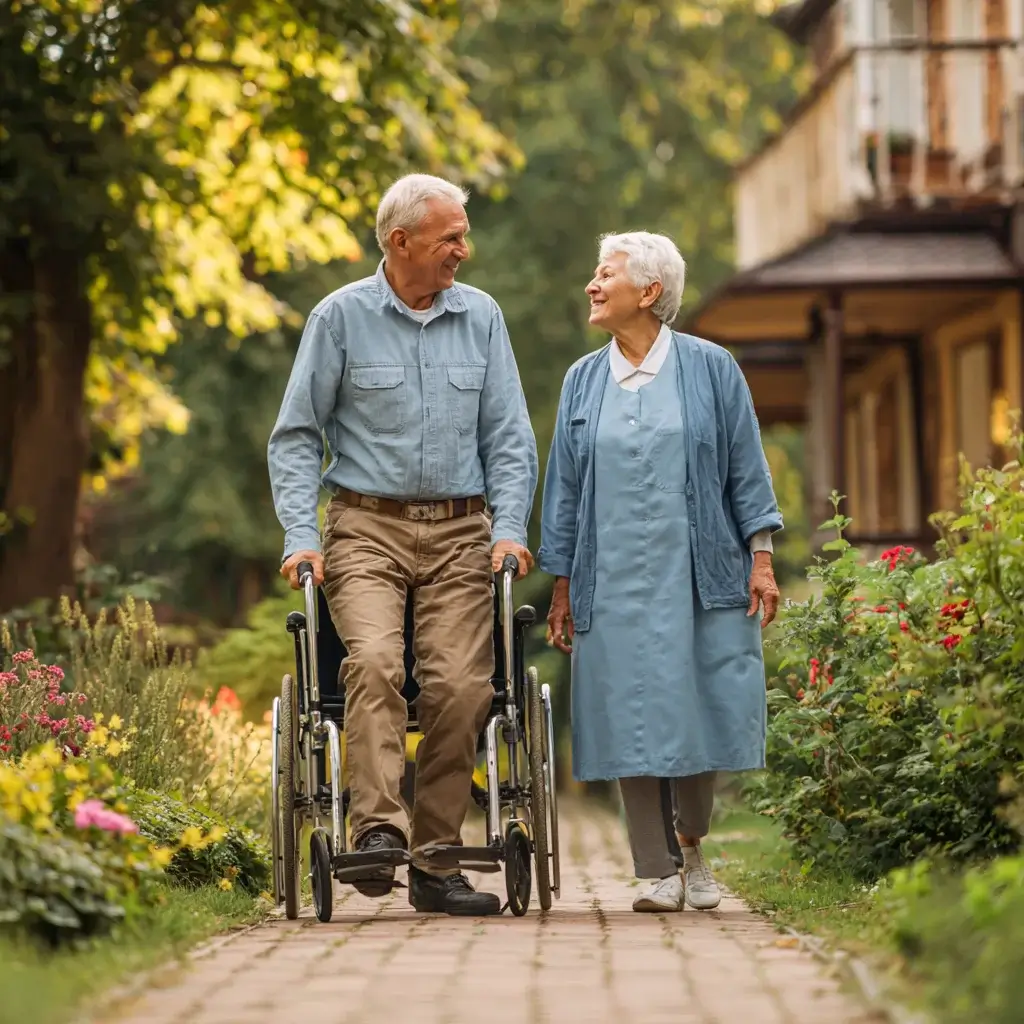 Ein glückliches älteres Paar spaziert im Garten eines schönen Pflegeheims