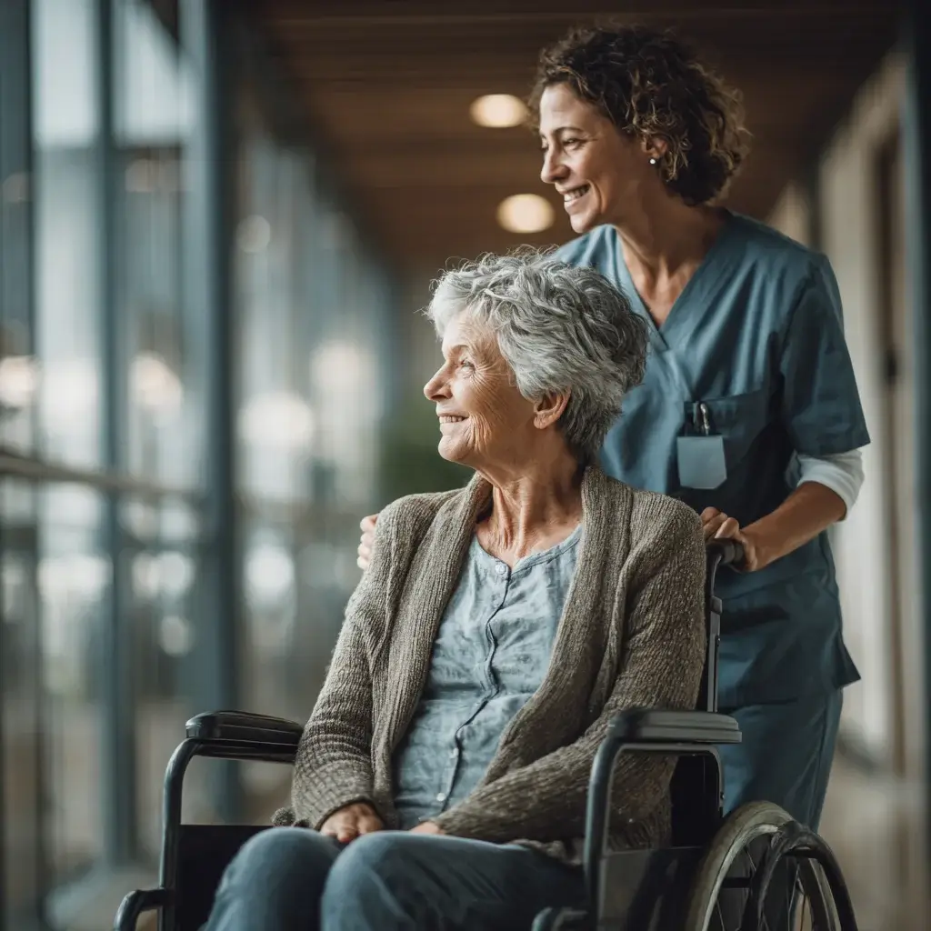 Eine professionelle Krankenschwester unterstützt eine ältere Frau